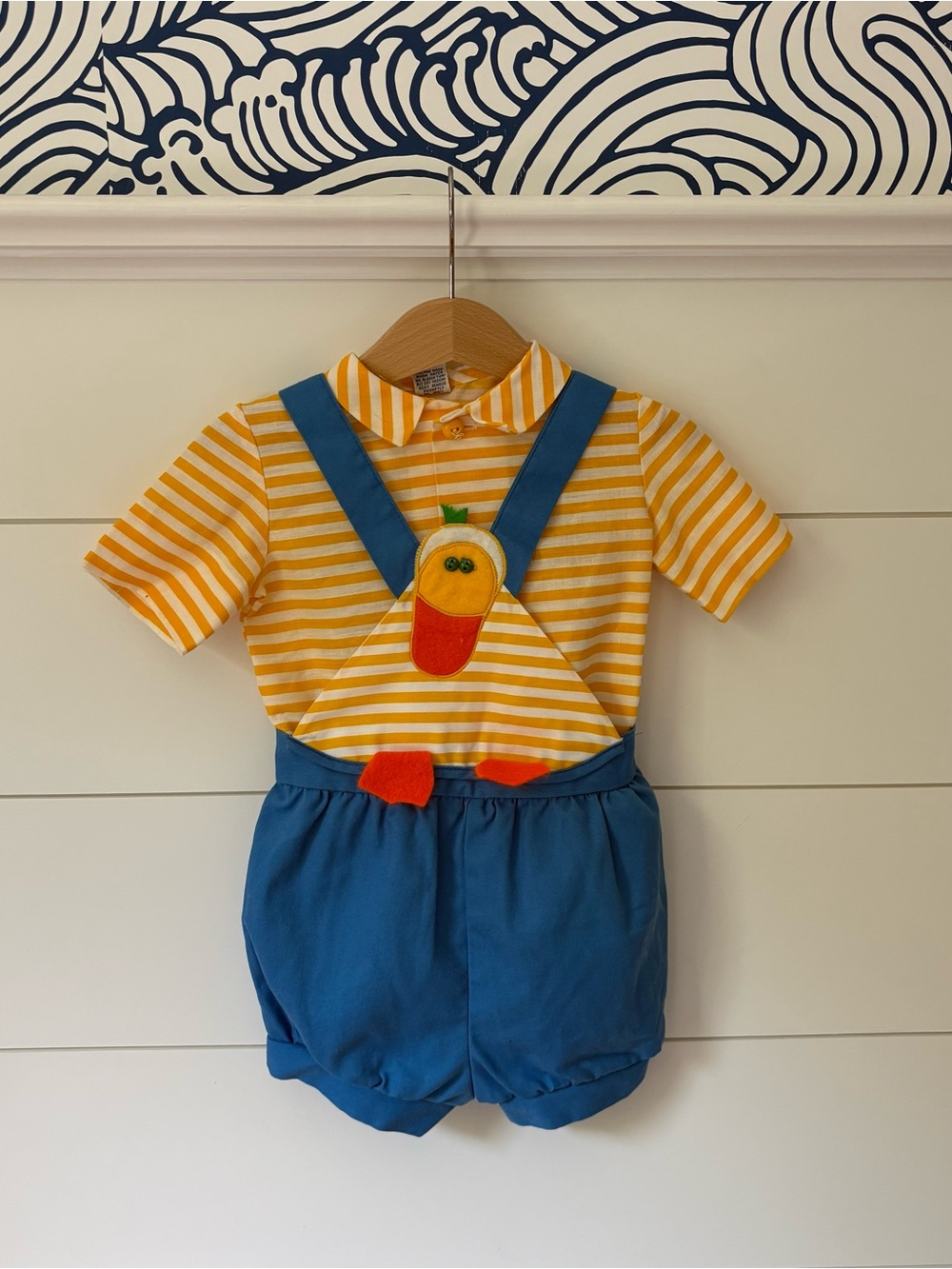 Ruth Scharf Yellow & White Striped Polo Romper with Blue Suspender Detail